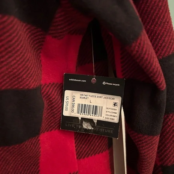 NWT Eddie Bauer Red and Black Plaid Fleece Button-Up Shirt - Picture 4 of 5